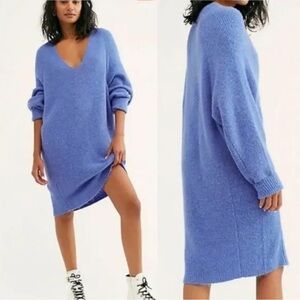 Free People Longline Tunic Sweater In Periwinkle Blue M